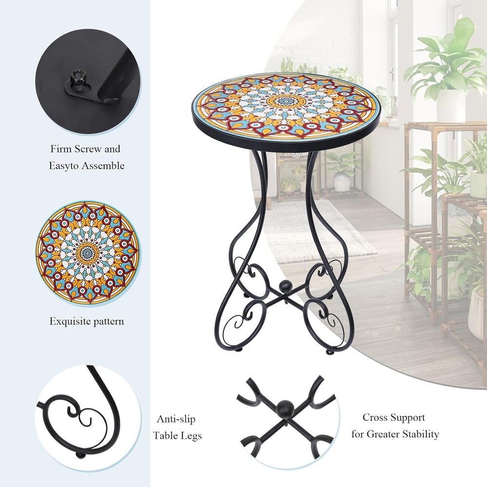 Mosaic Outdoor Side Table, Round Rustproof Patio Table with 14" Ceramic Tile Top