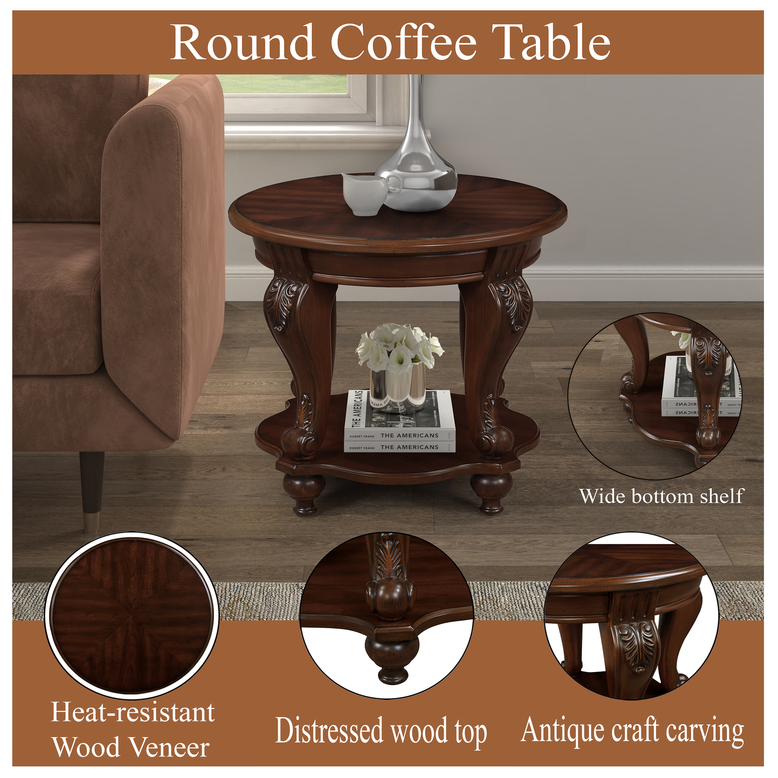 3 Pieces Table Set, Oval Coffee Table and 2 Round End Tables w/2 Tiers Storage