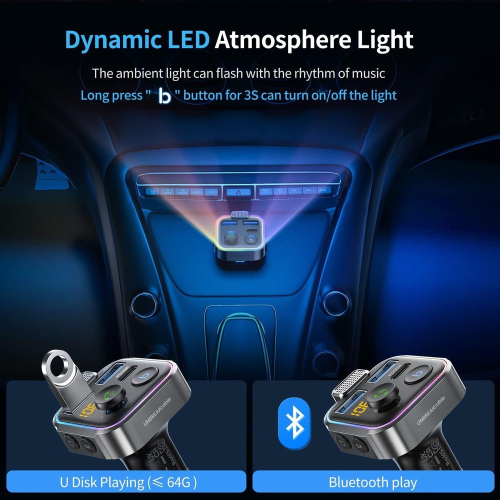 UNBREAKcable Bluetooth FM Transmitter for Car, PD 38W Fast Charging, Wireless...