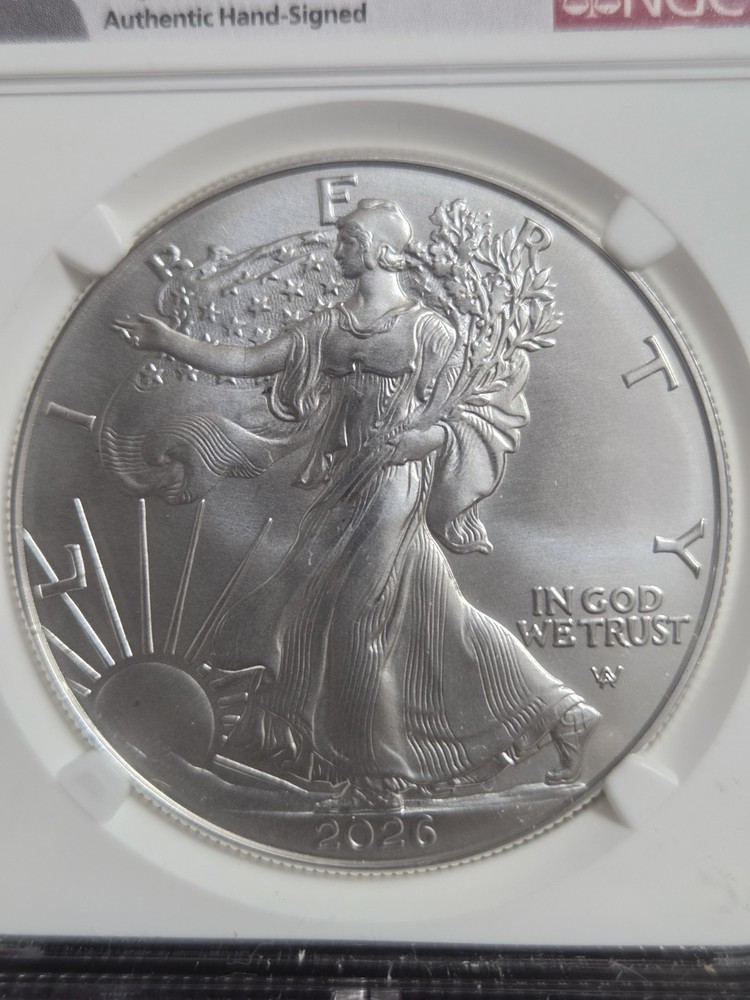 2026 SILVER EAGLE NGC MS70 FIRST DAY ISSUE JOHN MERCANTI SIGNED FLAG LABEL