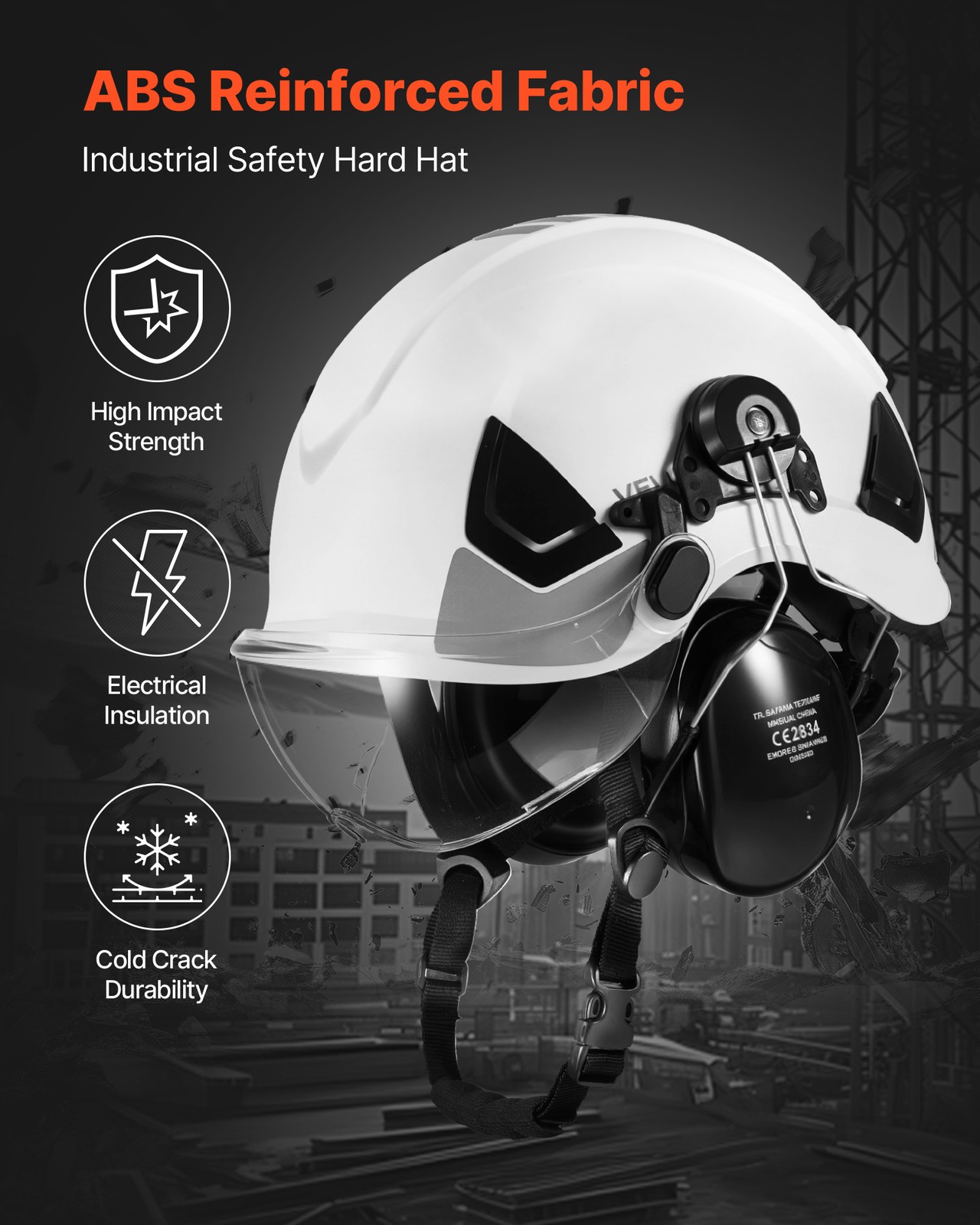 VEVOR Industrial Safety Helmet with Visor and Earmuffs Adjustable Vented Hardhat