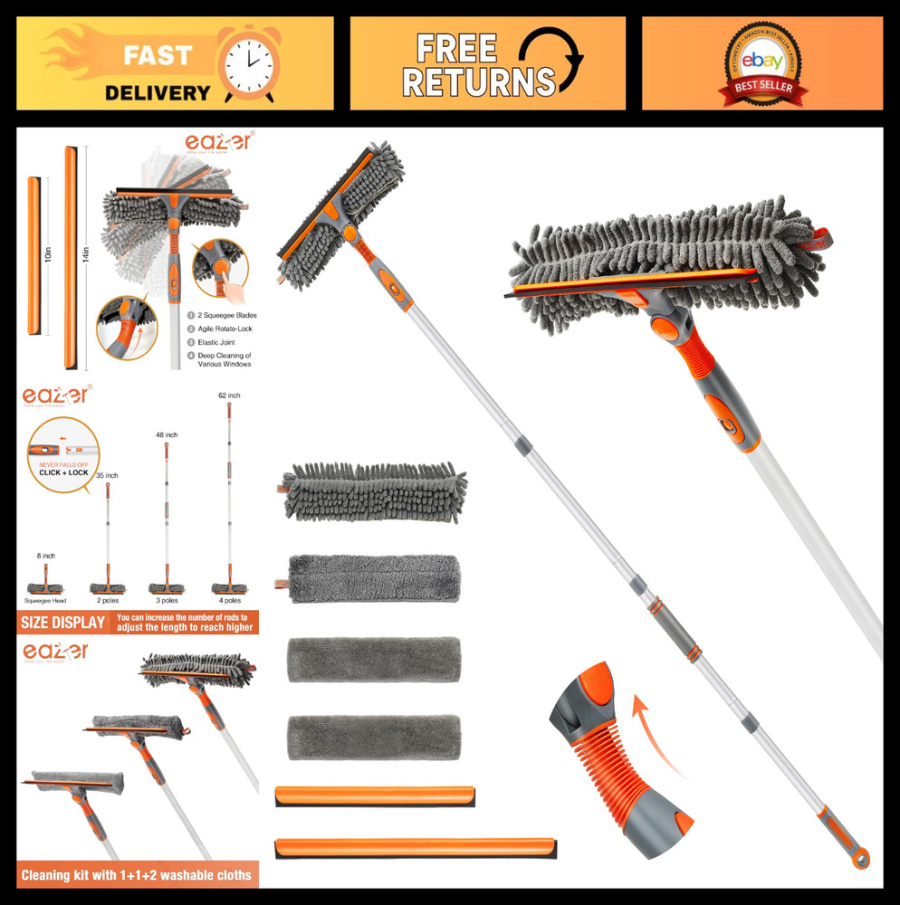 2-in-1 Rotatable Window Cleaner Squeegee Kit with Extension Pole & Bendable Head