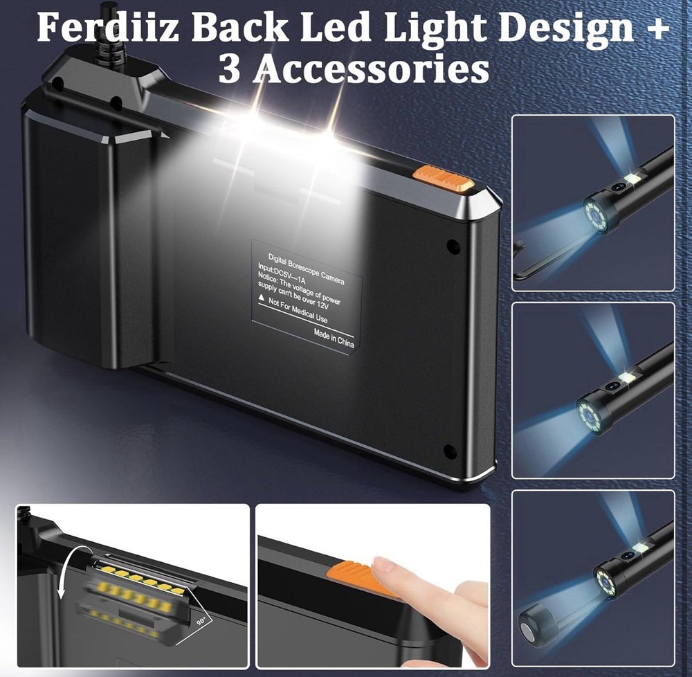 Endoscope Camera with 4.3" IPS Screen,Dual-Lens Borescope with Light,5M