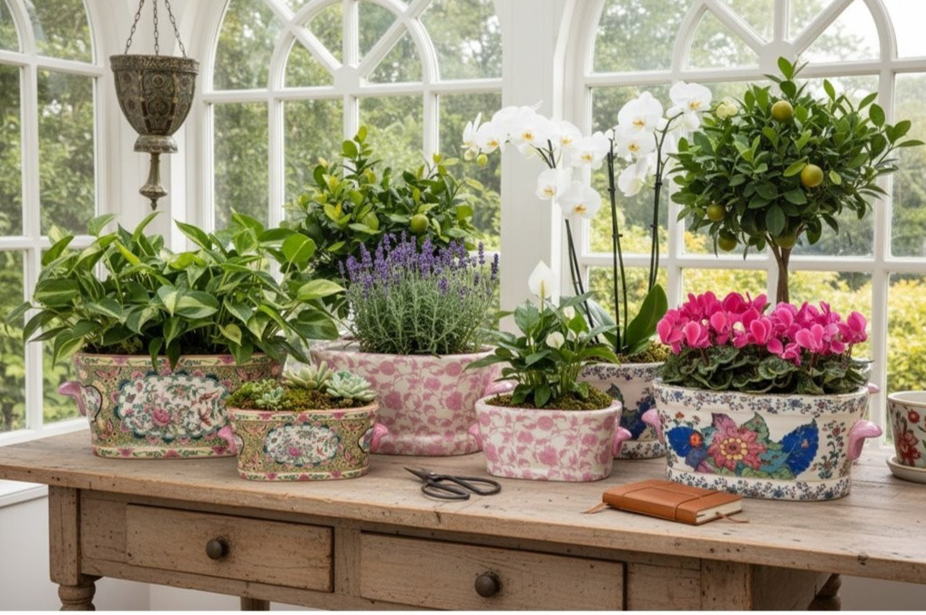 Vintage Style Small Chinese Rose Medallion Footbath Planter-9.5'' x 4''H