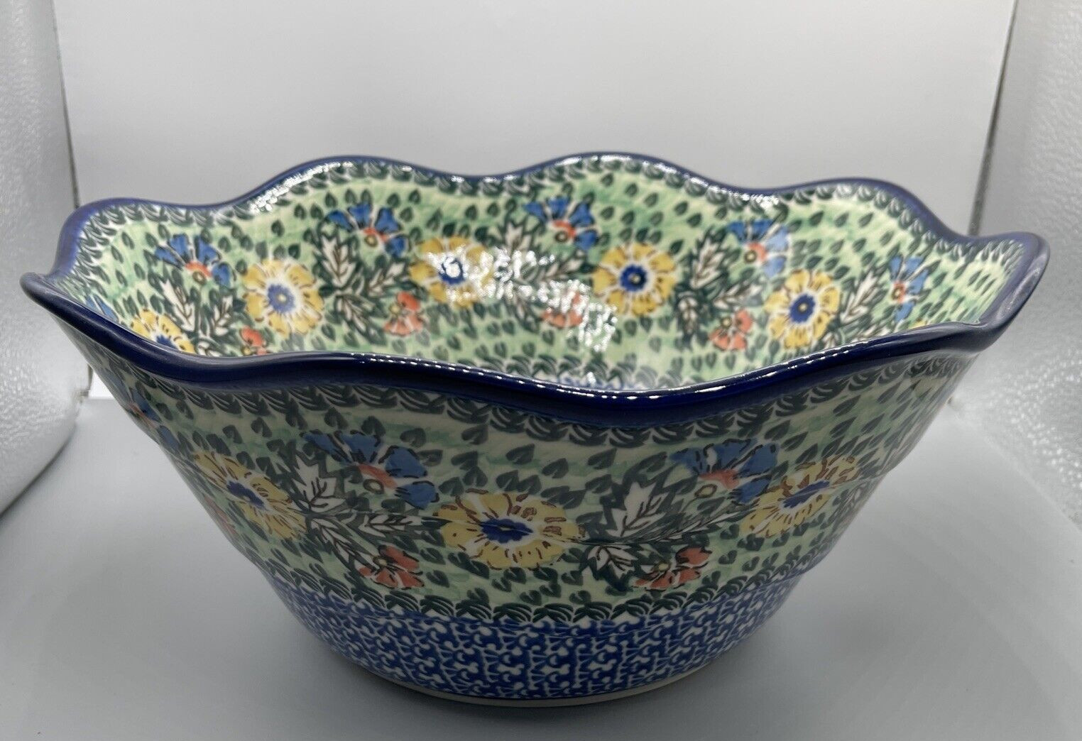 Polish Pottery Unikat L.Lenkiewicz #1975 Tulip Huge 12X5" Scalloped Serving Bowl