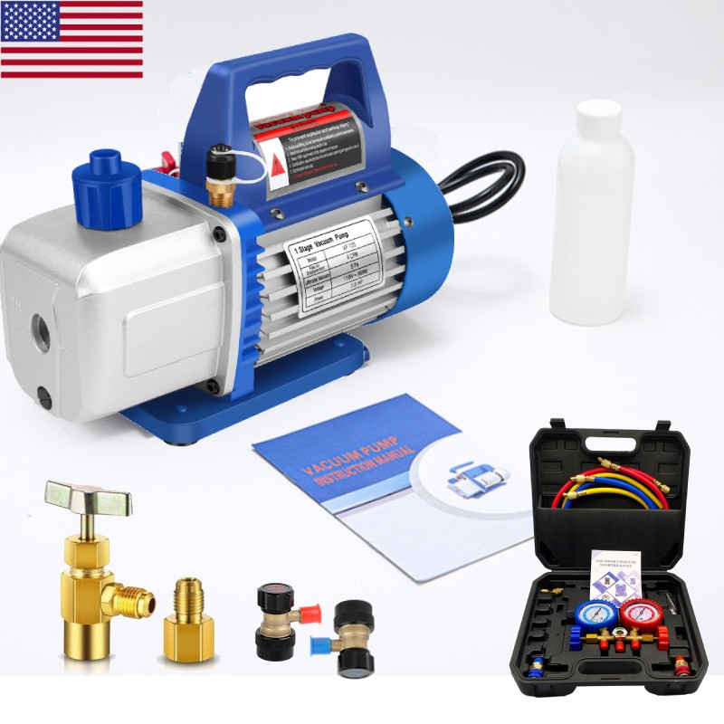 4 CFM Air Vacuum Pump HVAC Manifold Gauge Set AC A/C Refrigeration Kit SHIP NOW
