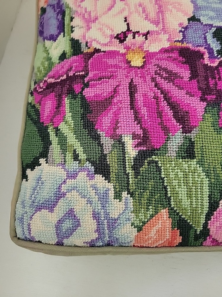 Vintage Needlepoint Pillow Iris Green Square