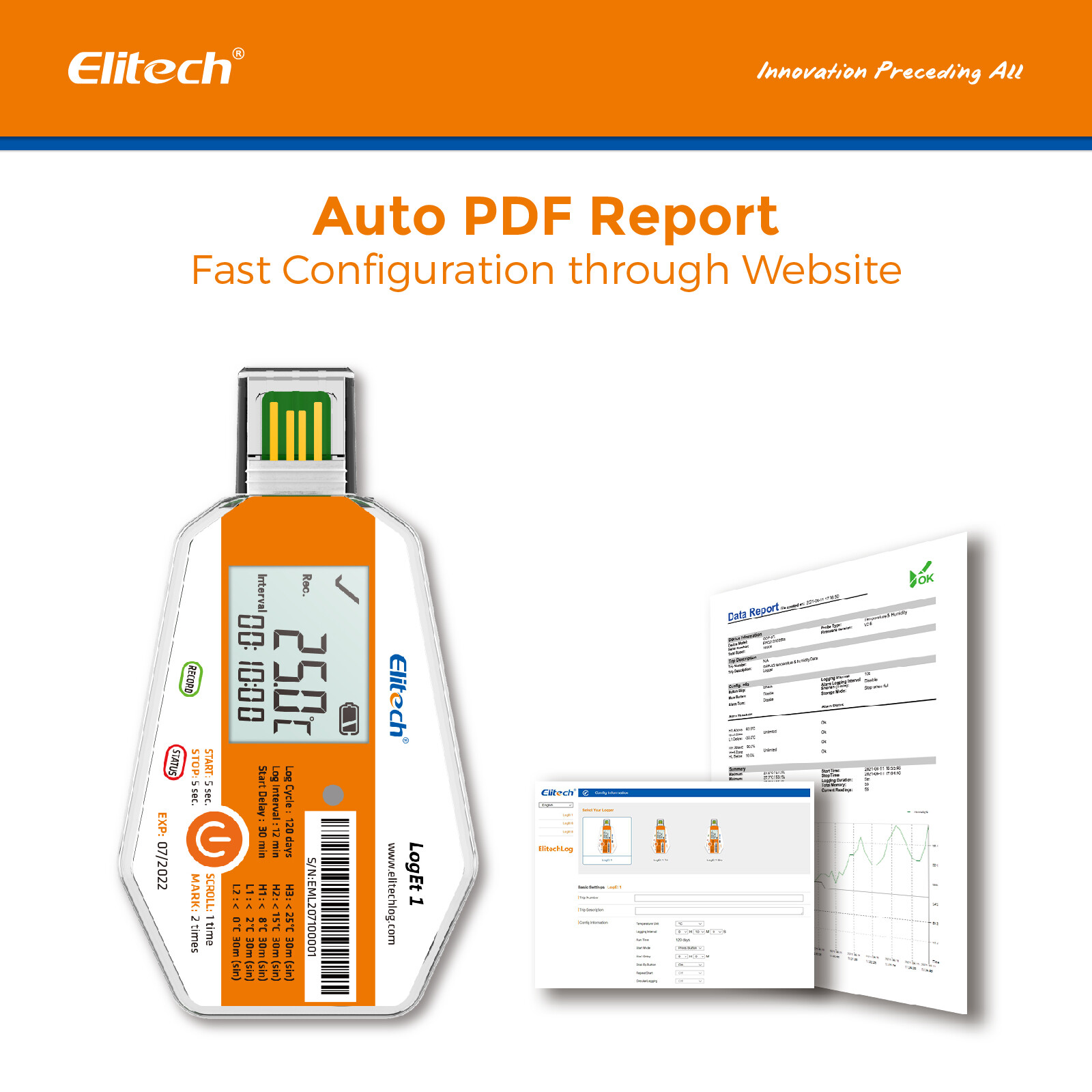 Elitech LogEt 1 Temperature Data Logger Single Use PDF Report USB 16000 Points