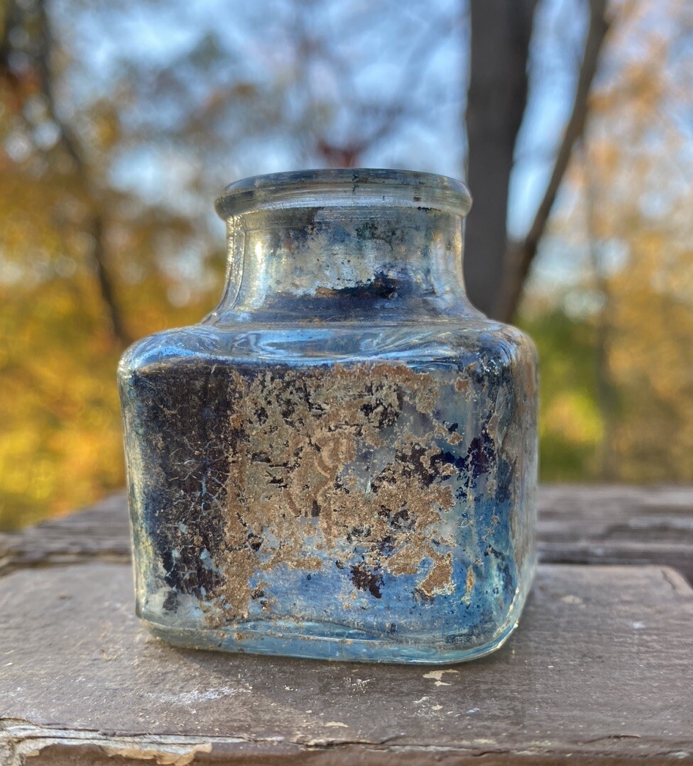 Clear Inkwell With Blue Ink And Partial Label