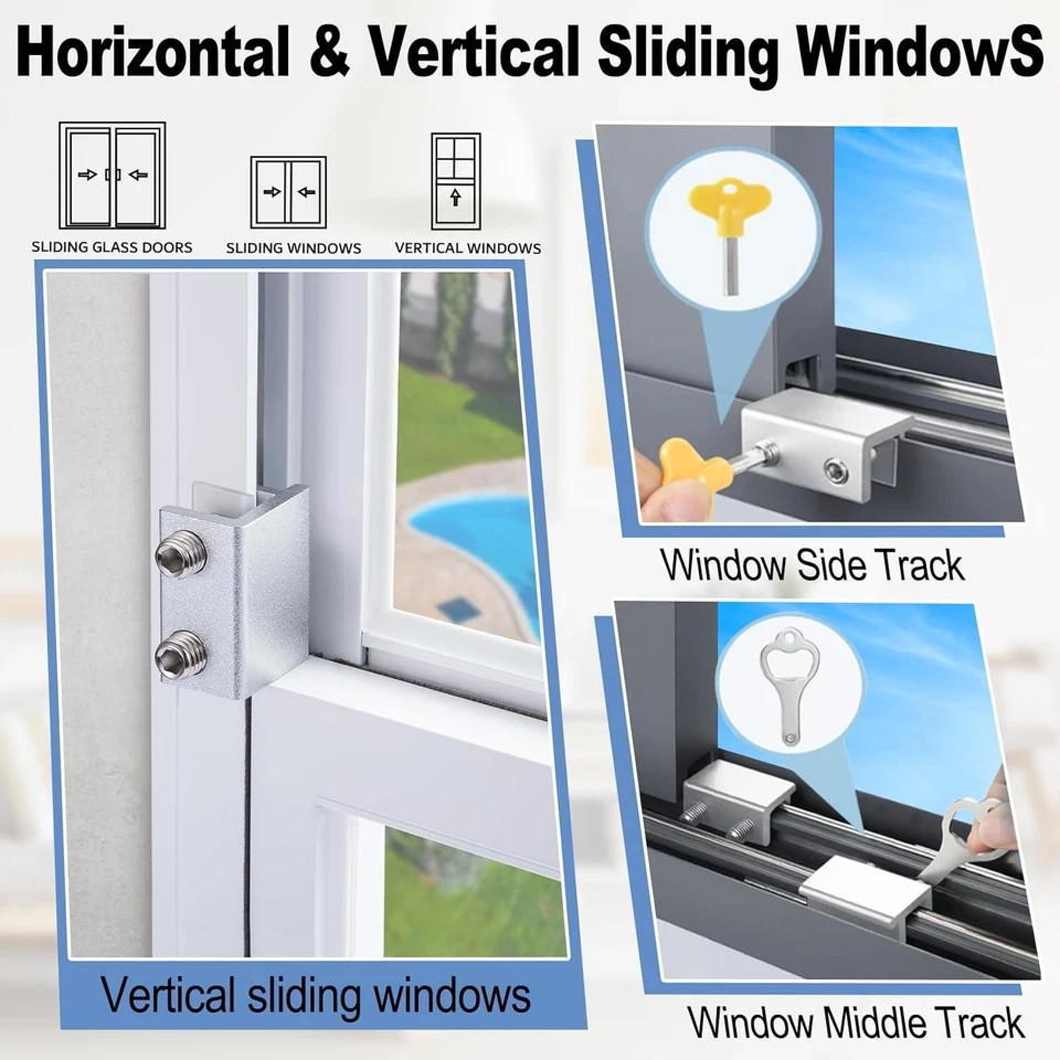 Sliding Window Locks - Horizontal & Up/Down, Adjustable Aluminum, 4 Sets Silver