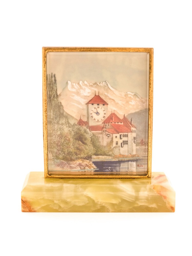 Little table clock painting lake monastery  unsigned could be  Didisheim