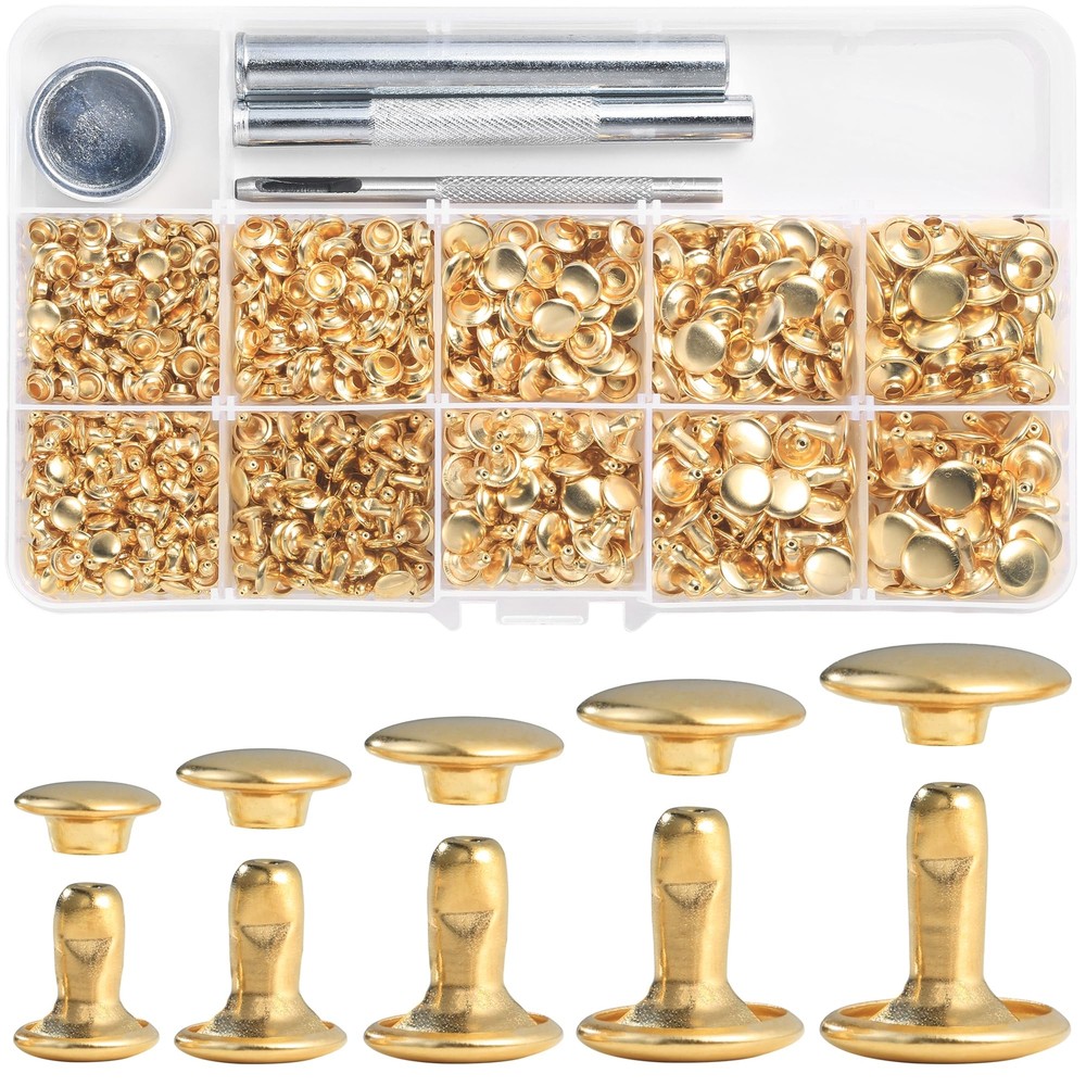 340 Sets Double Cap Rivets for Leather Crafting Mixed Sizes Gold