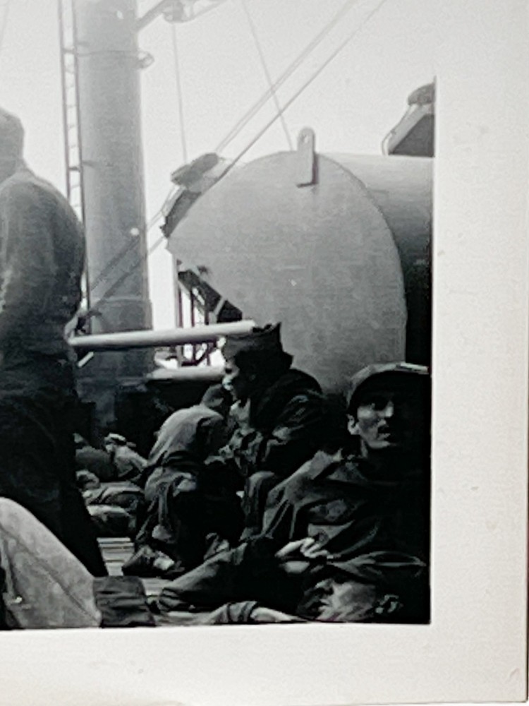 WW2 Photo U.S. GIs Sitting On Ship Deck