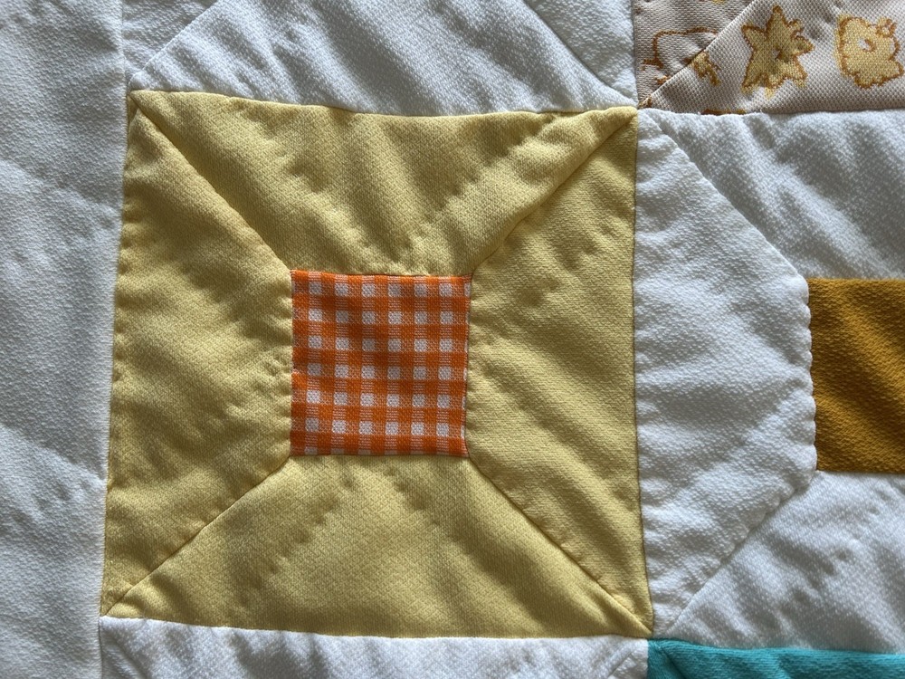 Vtg 70’s Hand Made & Quilted Polyester Double Knit Patchwork Quilt 99” X 83”