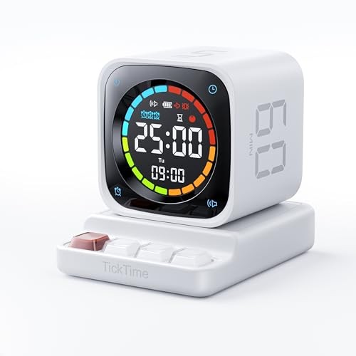TK3 Pomodoro Timer Cube, Desk Productivity Timer with 5/10/30/60 Min White