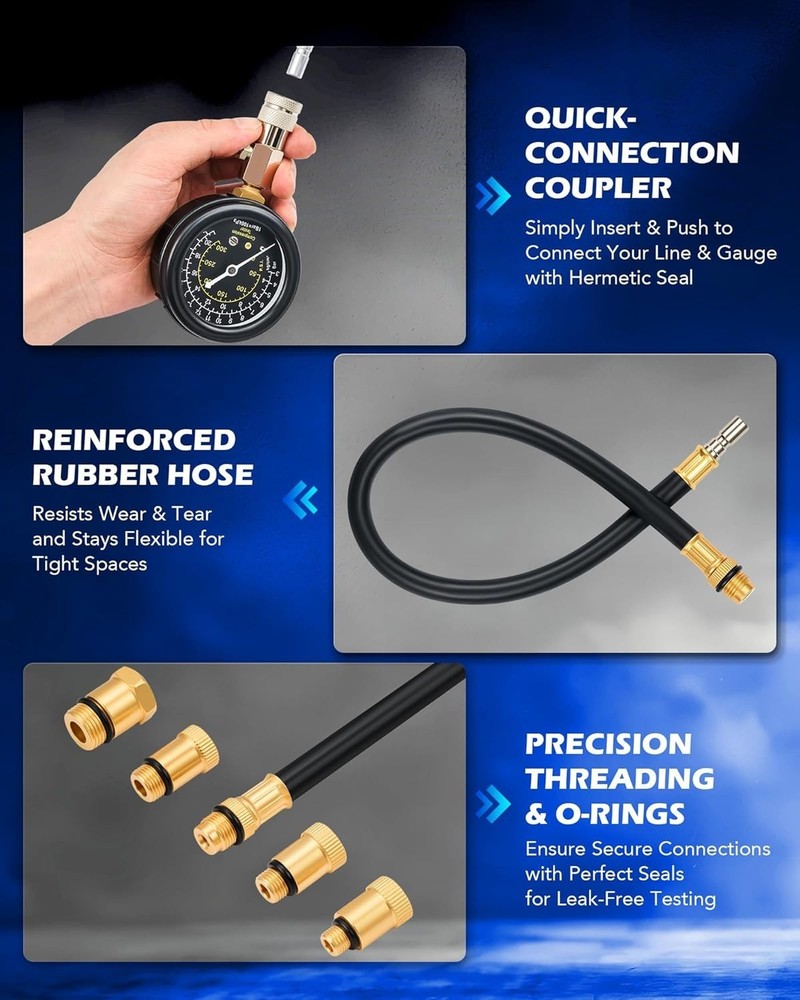 Durable 8pc Gasoline Compression Gauge Set with Flexible Hose & Adapters