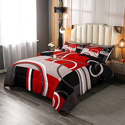 Modern Red Grey Black Stripes Comforter Set Geometric Down Queen Multi 270