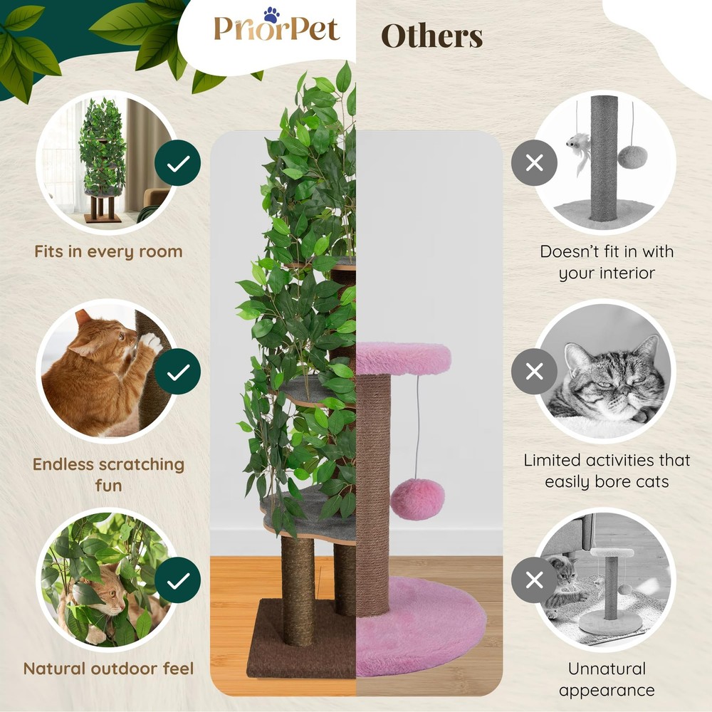 Cat Tree with Leaves – Stable & Space-Saving Design – 4 Scratch Levels & 5 Sc...