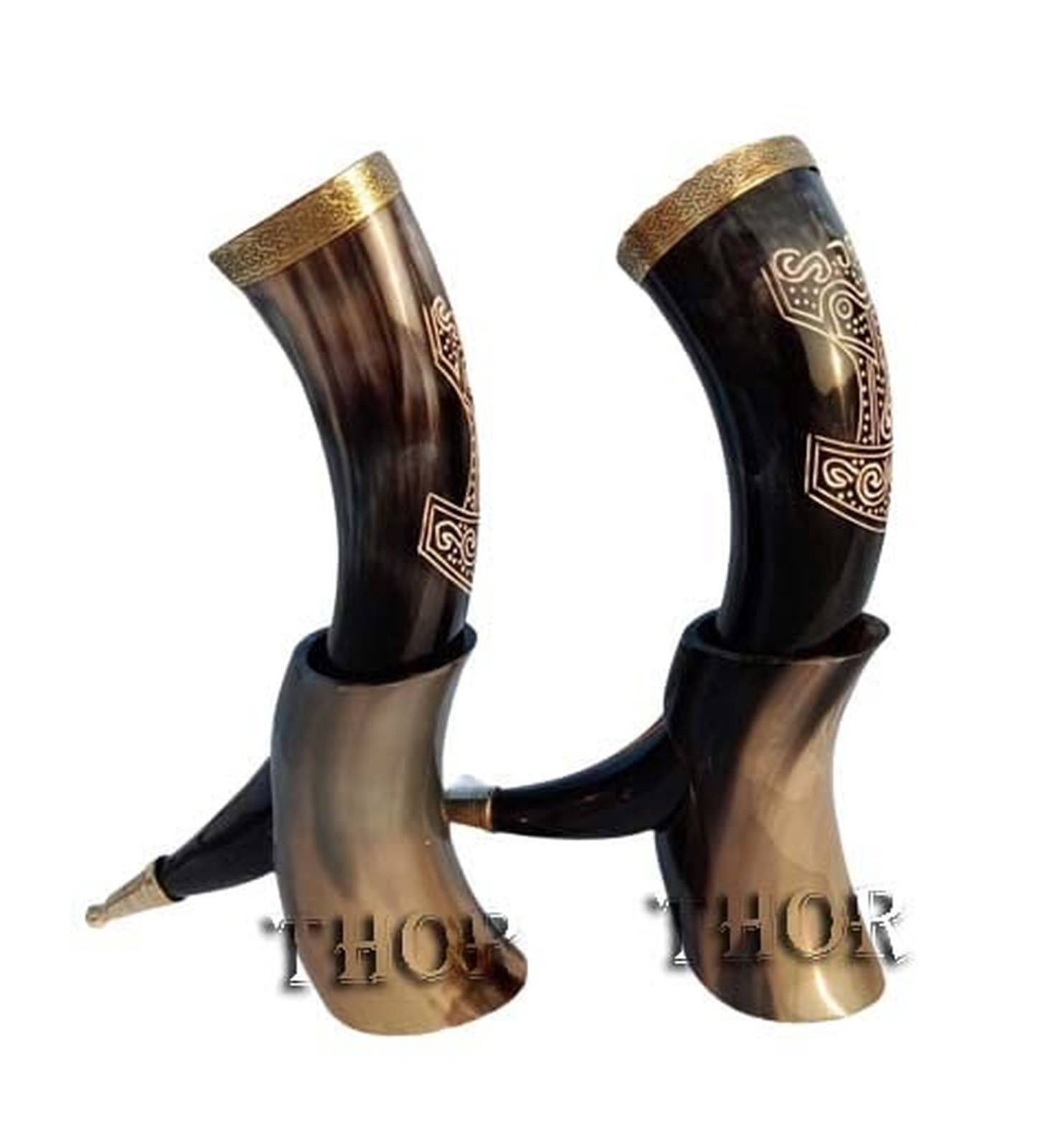 Viking Drinking Horn Mug Thor Hammer Hand Carved Large 10"-12" with Stand/Set...