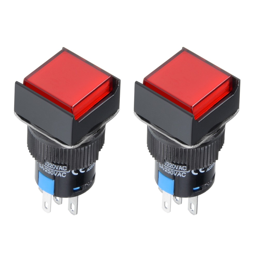 Push Button Switch 1NO 1NC Latching Square Button 16mm / Red / 2 Pcs