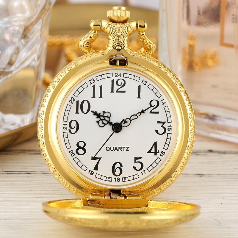 Gold Shield Case Men's Quartz Analog Pocket Watch with Chain Luxury Gifts