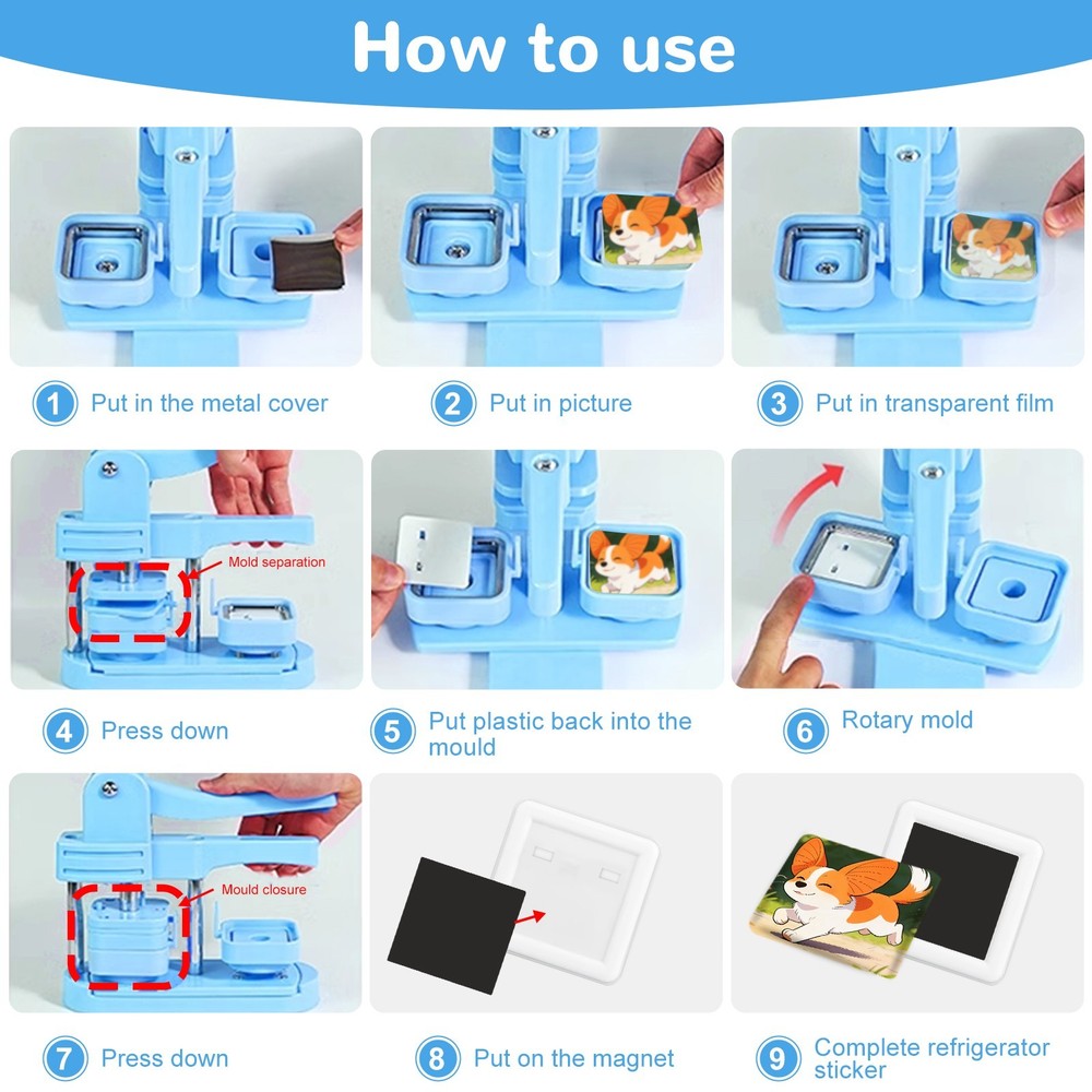 2x2'' Square Button Maker Machine Photo Magnet Press Kit with 100 Sets Supplies