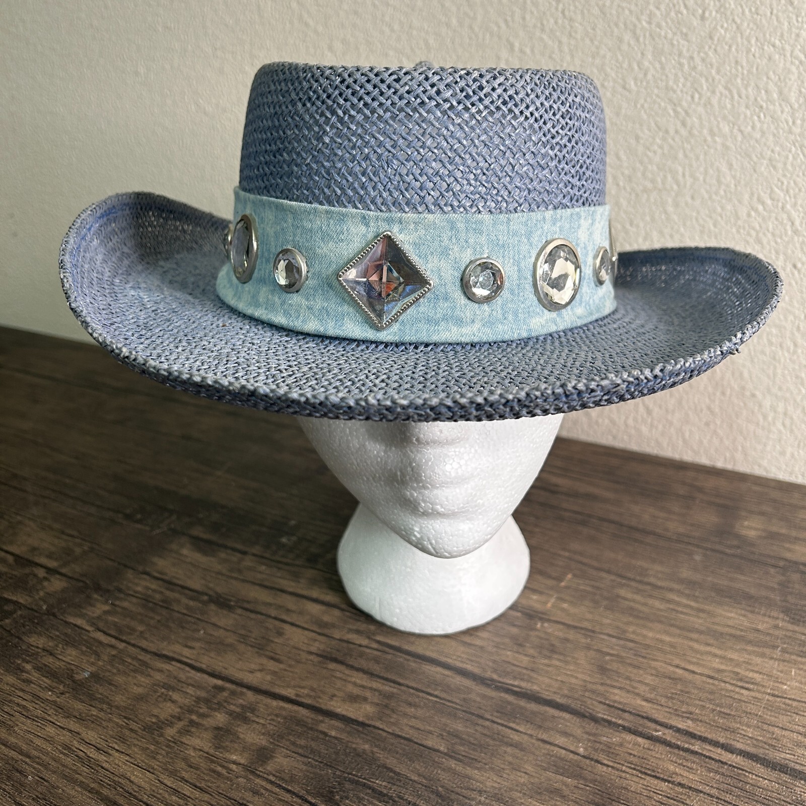 VINTAGE Something Special Straw Hat 1980s Gantos Blue Embellished Derby 3425