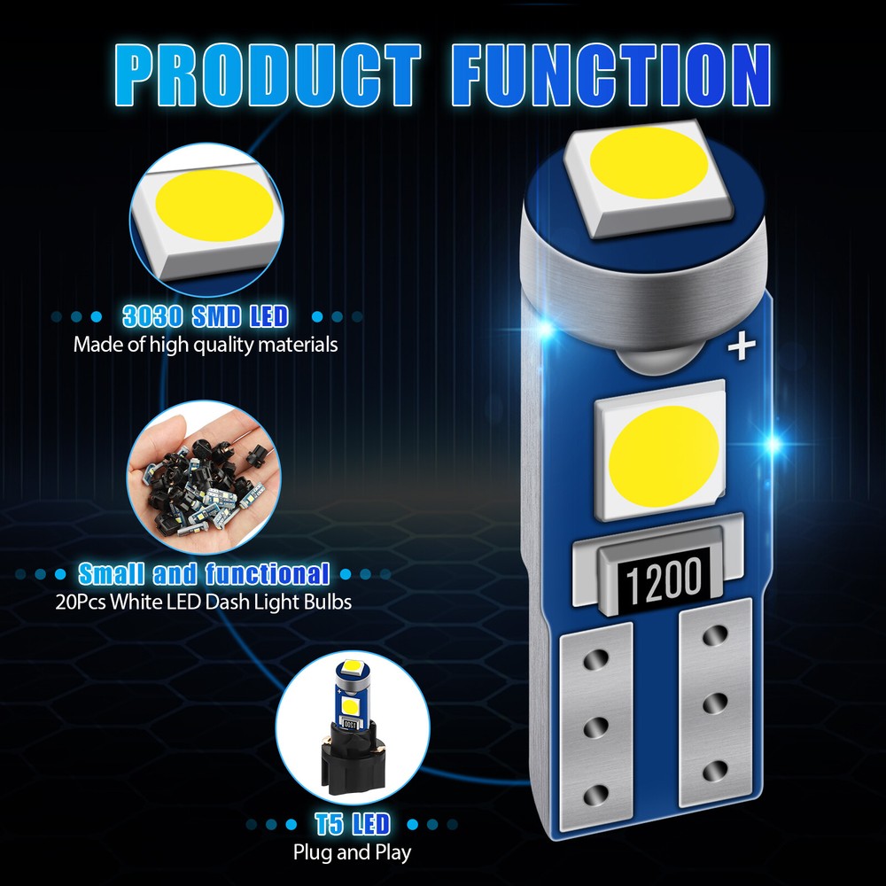 20x T5 74 17 37 3SMD LED Instrument Panel Dash Gauge Light Bulbs w/ Socket White