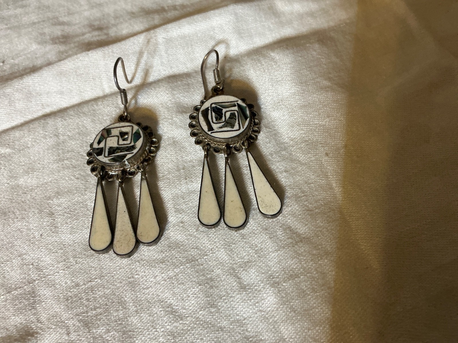 Handcrafted Inlaid Mother of Pearl & Sterling Silver Dangle Earrings