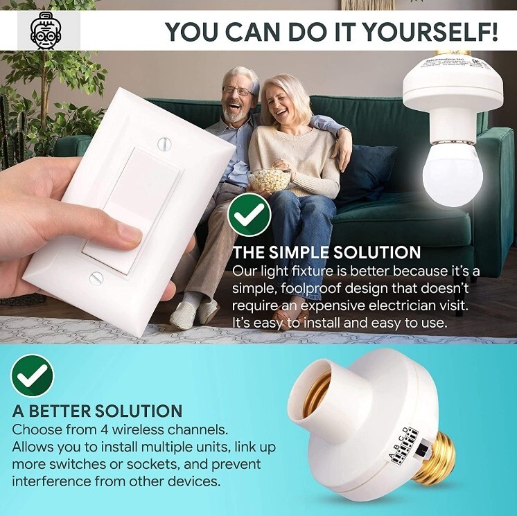 EASY Wireless Remote Control Light Switch + Socket Cap Turns On & Off 4 Channels