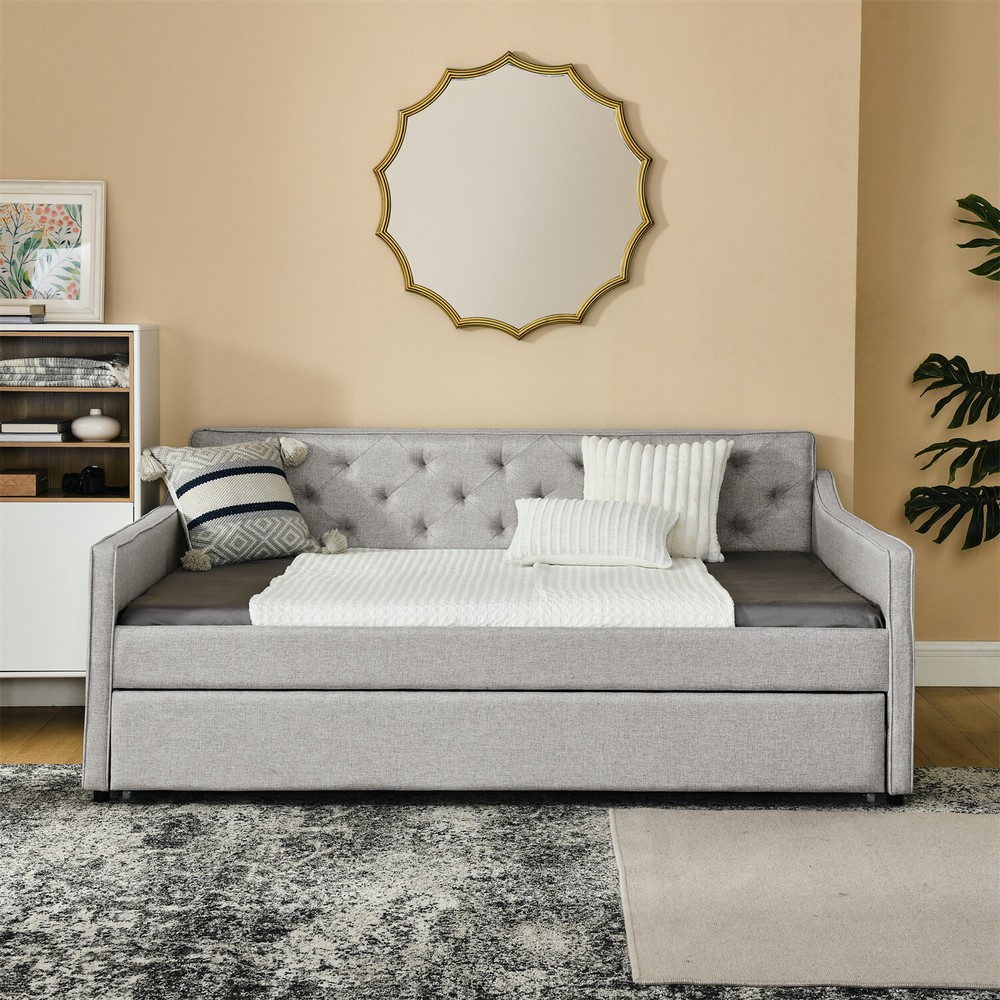 Full Size Daybed w/ Pull-Out Trundle Bed Linen Upholstered Bed Frame Sofa Bed US