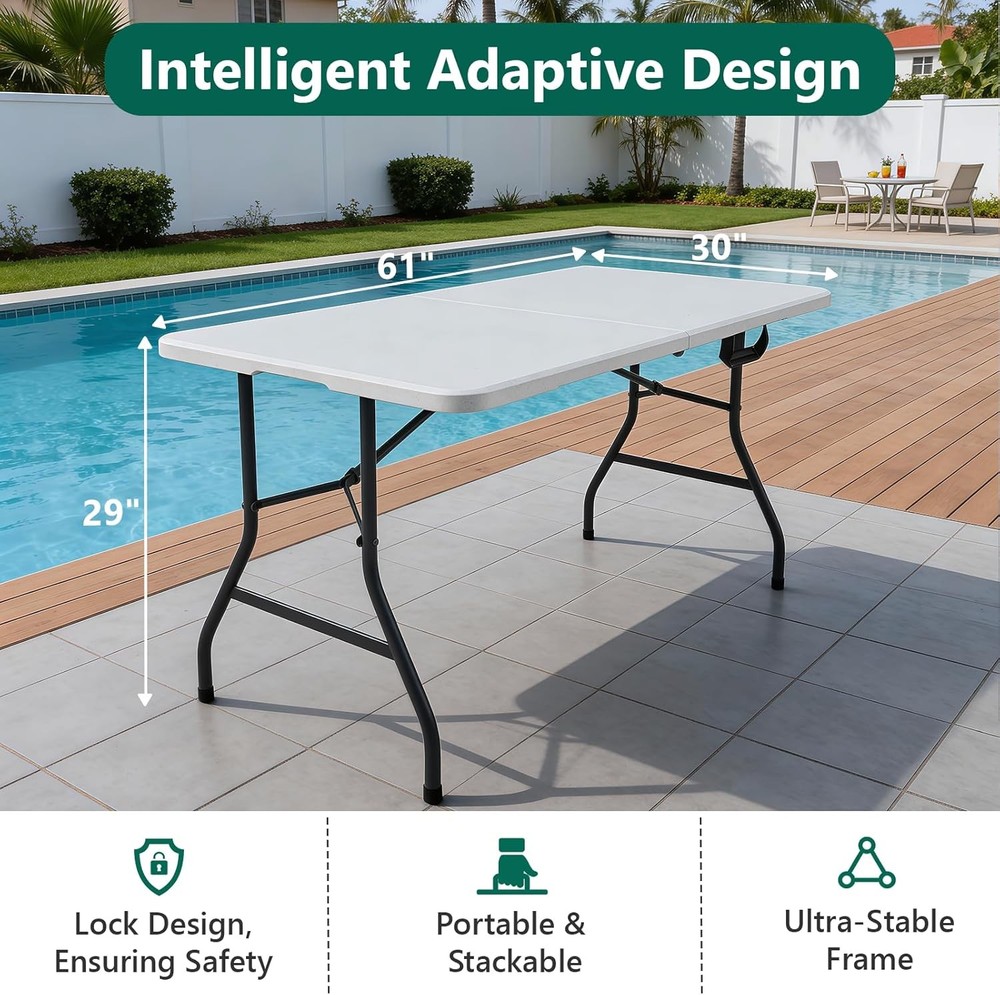 Folding Table 5FT Heavy Duty Plastic Table, Foldable&Portable, Fold-in-Half Util