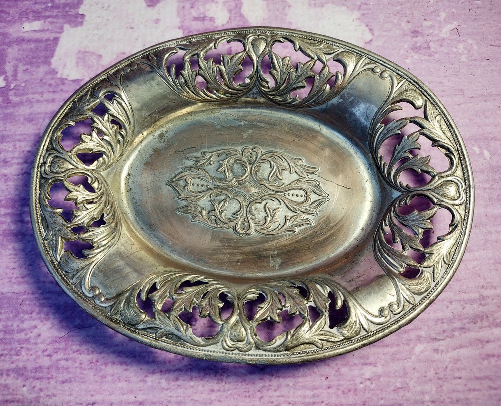 Silver Metal Trinket Dish Pierced Vintage Small Japan T Duck Hallmark 5.75" Long