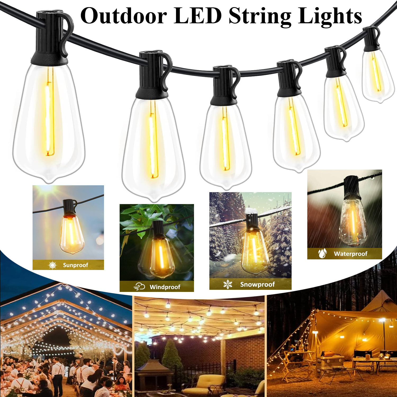 LED Outdoor String Lights 50FT Shatterproof ST38 Patio Lights for Porch,Backyard