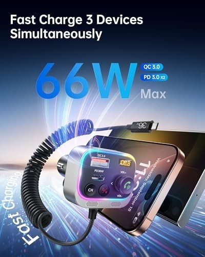 Bluetooth 5.4 FM Transmitter Car Adapter 66W PD QC 3.0 Fast Charging, HiFi Bass,