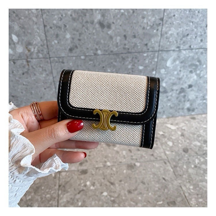 CELINE Folding Wallet Logo Accent Black White Houndstooth Pattern Women's