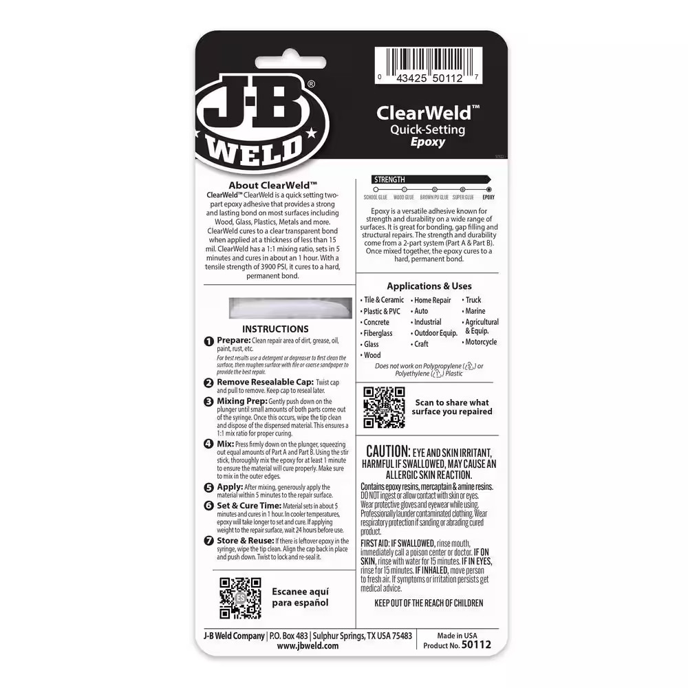 0.85 Oz. Clearweld Quick-Set Epoxy Syringe