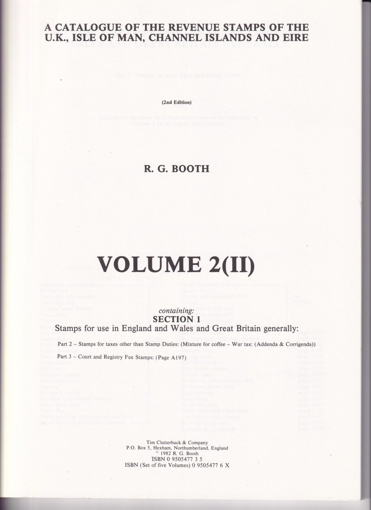 A Catalogue of the Revenue Stamps of the UK - R G Booth Volume 2 II(2nd Edition)