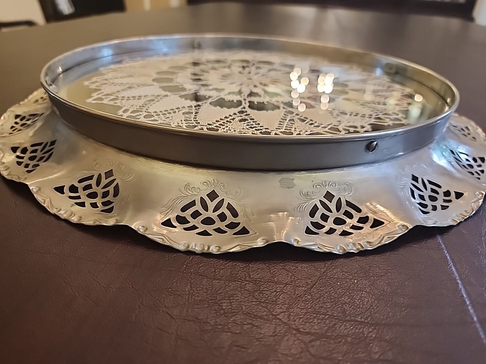 Vintage 14" Silver Plate Round Tray With Doily Insert