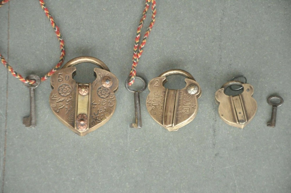 3 Pc Vintage Brass Heart Shape Handcrafted Fine Quality Padlock