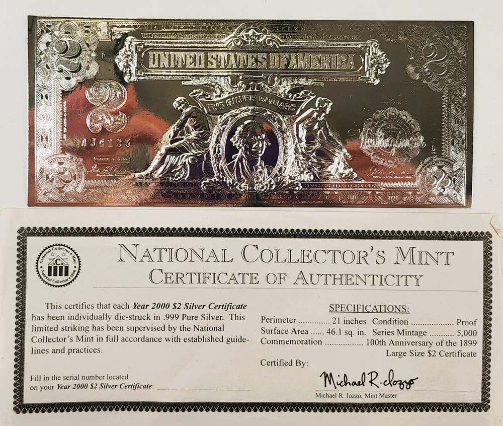 2000 $2 Silver Certificate .999 Pure Silver Proof Commemorative with NCM COA