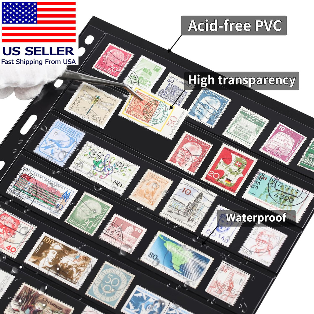 10 Sheets 20 Pages Postage Stamp Album Pages, 7 Pockets 7.7X 1.35In Stamp Collec