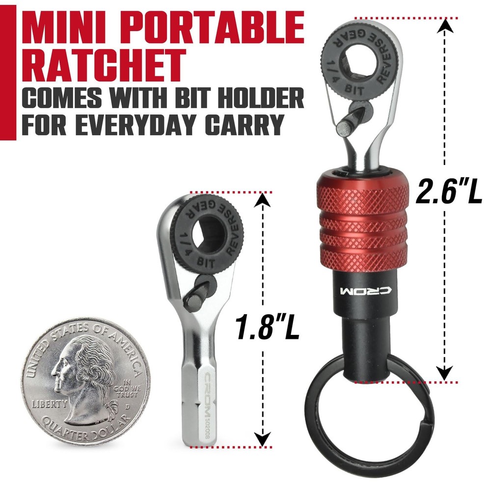 CROM EDC Mini Ratchet Wrench – 1/4-Inch Hex End Multitool Accessory with Red