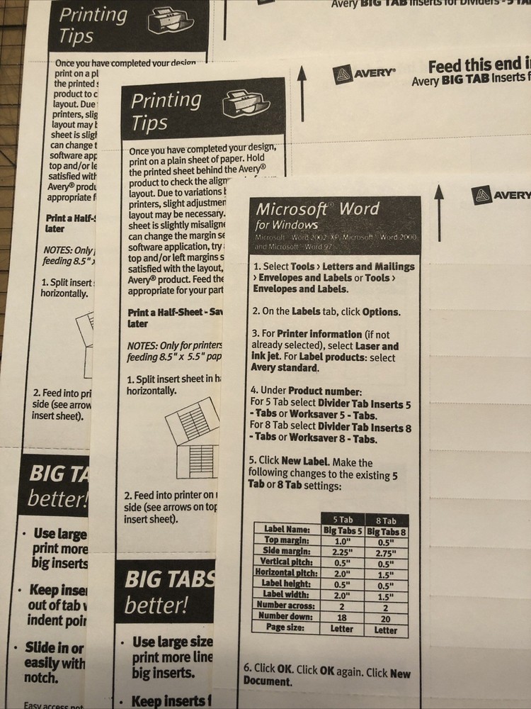 3x36 Sheets AVERY “Big Tab” Printer Labels Inserts for Dividers, Office Filing ￼