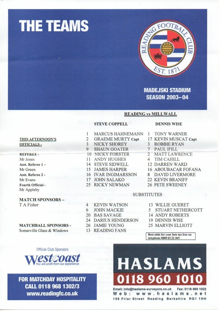 Team Sheet - Reading v Millwall 2003-04