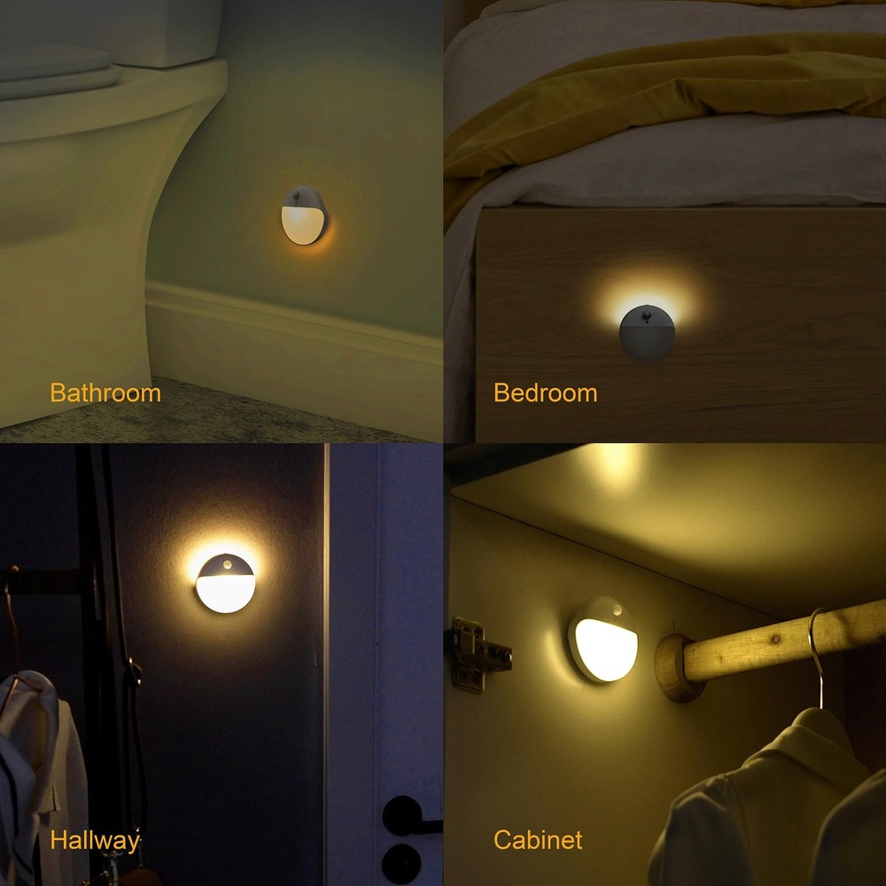 2 Pack Motion Sensor Night Light Gold Yellow 3 Lighting Modes Stepless Dimmin...