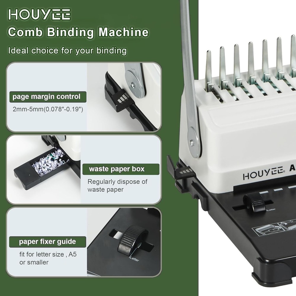 HOUYEE Manual Comb Binding Machine,19 Holes, 450 Sheets,Paper Punch Comb Bind...
