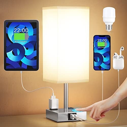 【Upgraded】Bedside Table Lamp Touch Control, with USB C+A 14.0in Gray & Silver