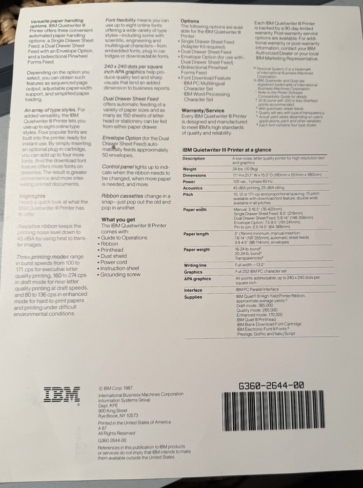 VINTAGE 1987 IBM QUIETWRITER III PRINTER SPEC SHEET COMPUTERS 29