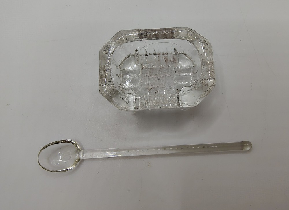 EAPG Rectangular Octagon Footed Open Table Salt Dip Cellar Dish W/ Plastic Spoon